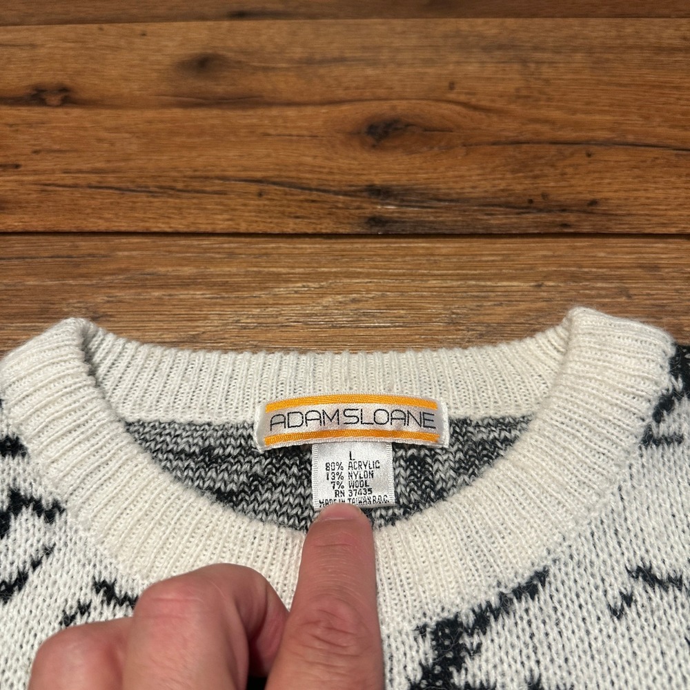 Vintage Adam Sloane White Black Abstract Knit Sweater Mens Large - Picture 4 of 6